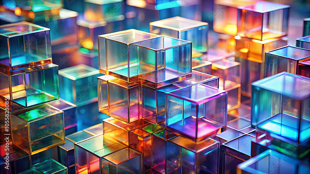 Poster a variety of translucent blocks are arranged in a complex structure, capturing and reflecting colorf