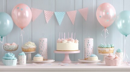 Delightful pastel-themed birthday celebration with decorated cakes, balloons, and festive banners in a charming setting