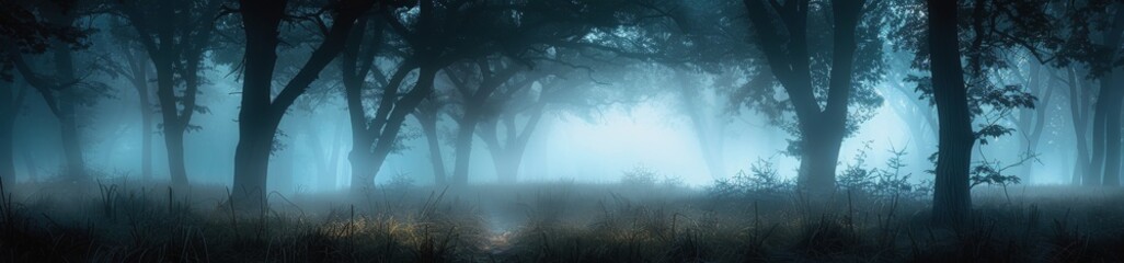 A Misty Dawn in the Forest, Early Morning Light Breaks Through Silhouetted Trees