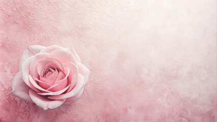 A soft pink rose rests gracefully against a gentle pastel backdrop, reflecting serenity and natural beauty. The composition emphasizes simplicity and elegance
