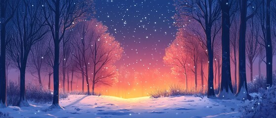 Obraz premium Winter forest and starry night sky 