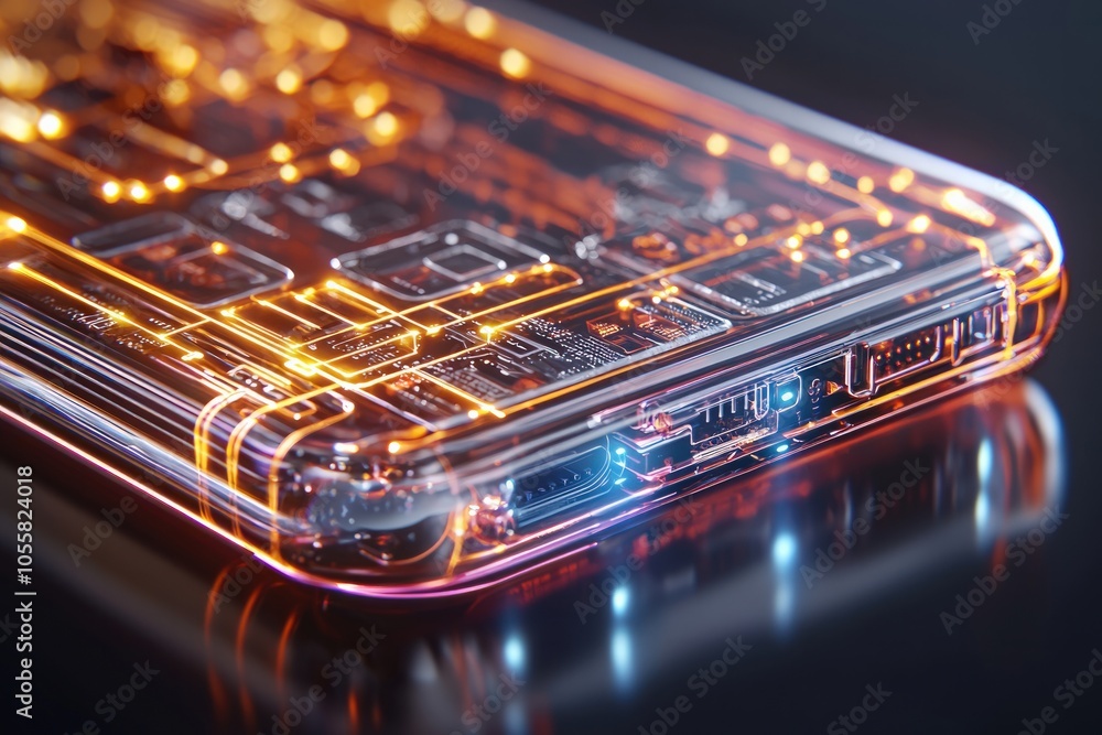 Poster innovative technology a close-up of a transparent phone circuit design with glowing elements