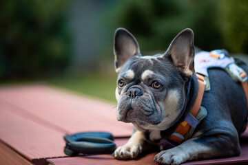 Portrait of a cute young serious gray and white French bulldog