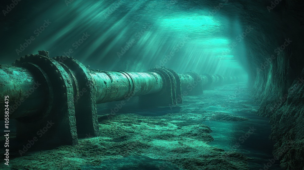 Poster a series of underwater pipelines extends across the ocean floor, illuminated by an ethereal glow fro