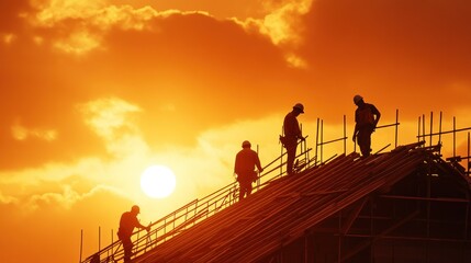 Silhouetted Construction Workers on a Roof Against a Sunset