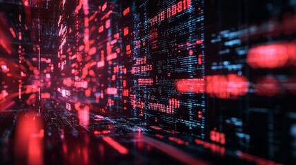 Abstract digital matrix with red binary code and glowing lines