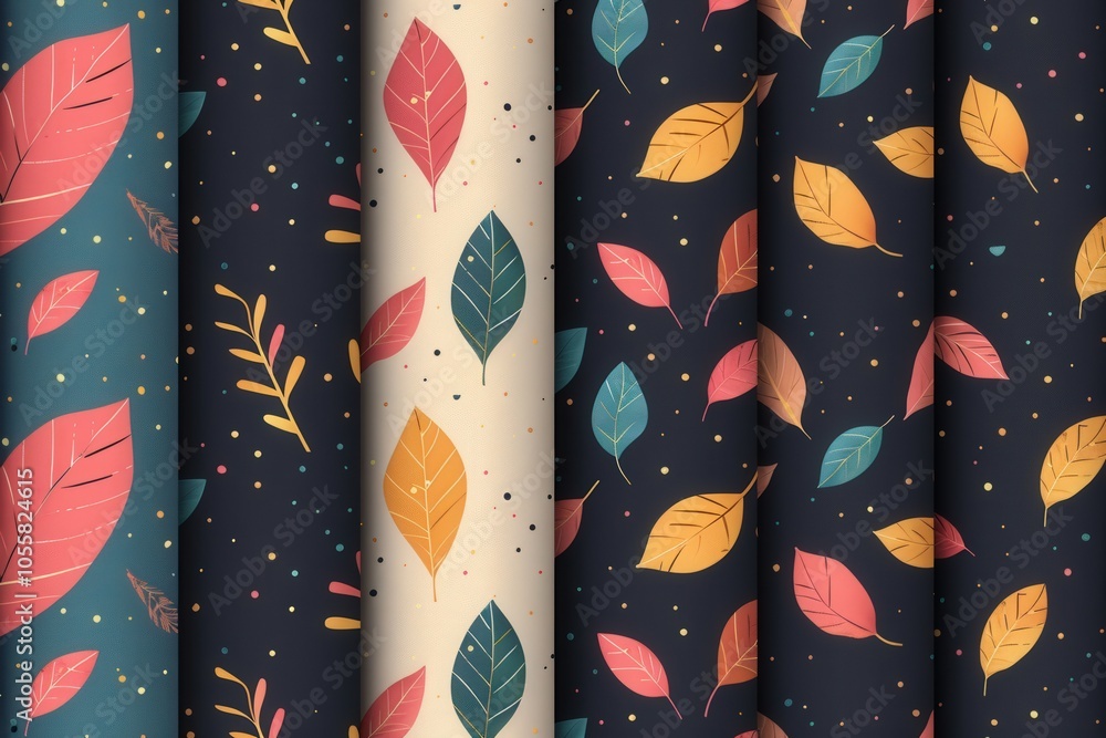 Poster a set of four different colored leaf patterns
