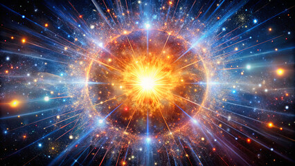 Fototapeta premium An intense burst of light emanates from a central point in space, creating a dazzling display of colors and energy. Stars and cosmic dust surround this brilliant explosion
