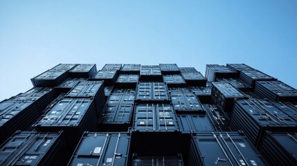 A towering, geometric structure made from stacked black shipping containers stands under a clear blue sky.