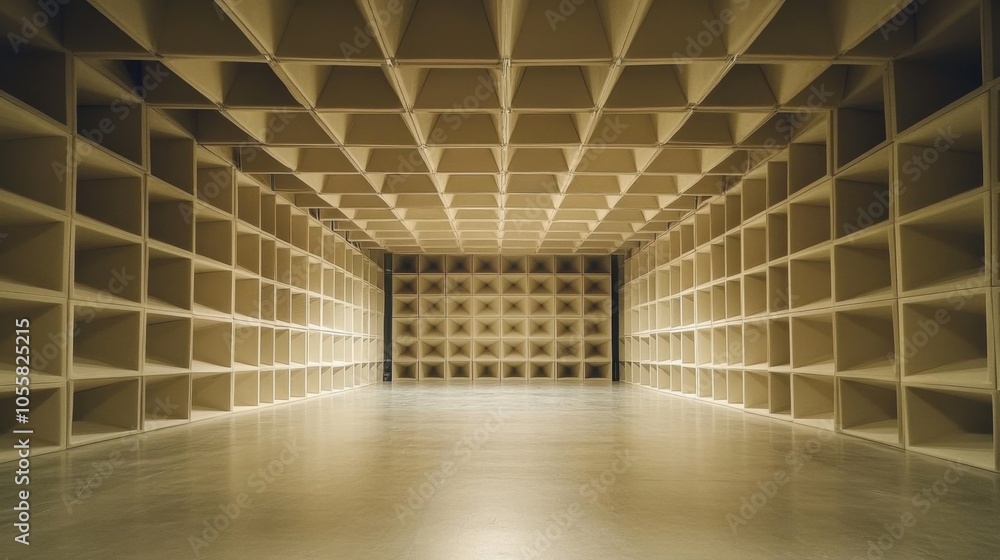 Poster a vast, empty anechoic chamber with unique, geometric soundproof walls designed for precise sound te