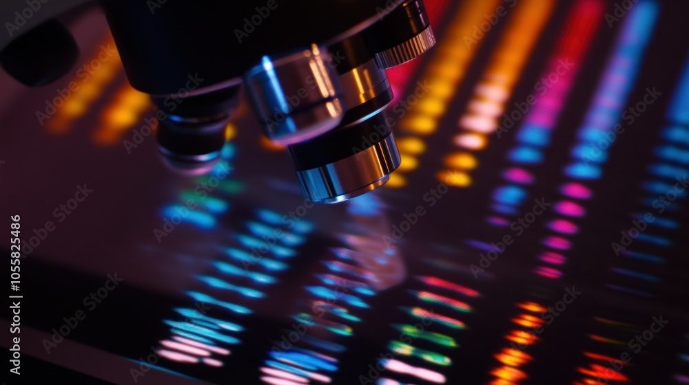 Poster A close-up view of a microscope lens with a blurred background of colorful lights