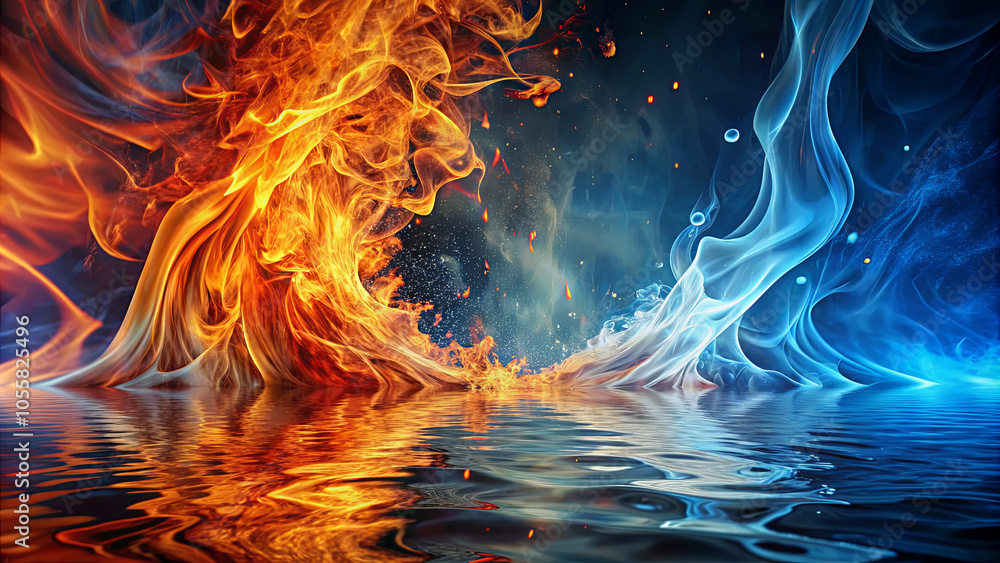 Poster a mesmerizing display of swirling flames and flowing water converges above a calm reflective surface
