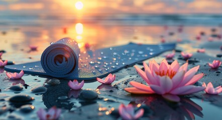 Rolled Yoga Mat on Beach Sand at Sunset With Pink Water Lilies