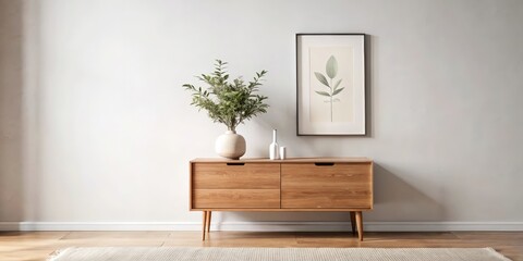 Fototapeta premium Minimalist Interior Design with Wooden Cabinet, Framed Botanical Print, and Greenery in a Ceramic Vase