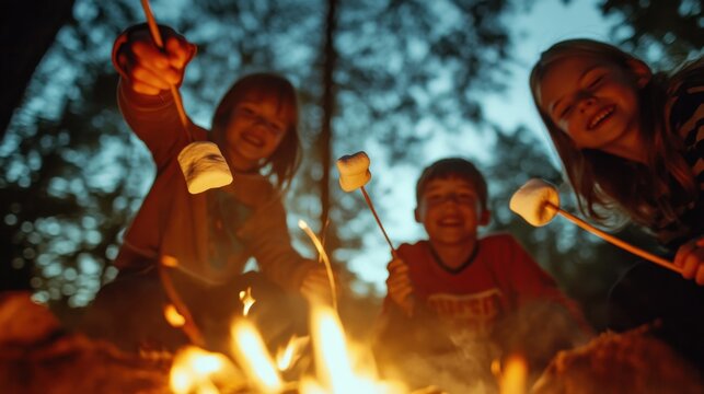 A low-angle view of children roasting marshmallows over a campfire using the sticks, with the background softly blurred for depth. - Powered by Adobe