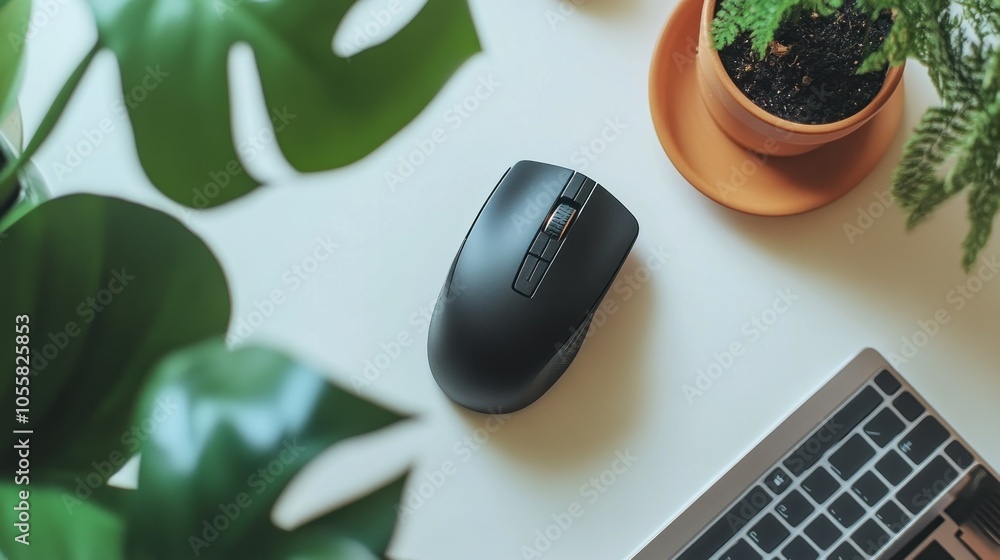 Aufkleber a wireless mouse on a white desk with plants and a laptop keyboard