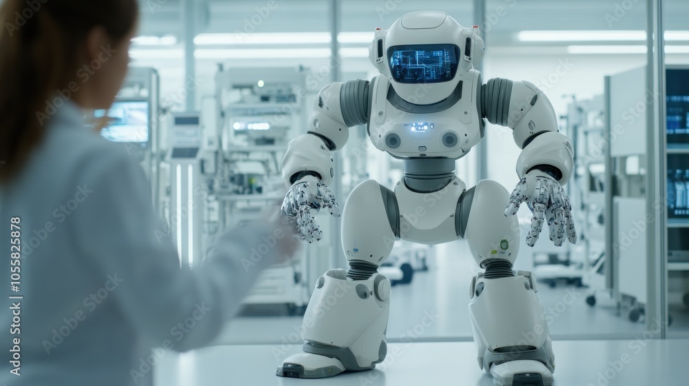 Poster A humanoid robot and a scientist in a laboratory setting