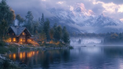Fototapeta premium Serene lakeside cabin at dusk with mountains in the background.