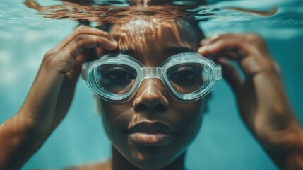 A low-angle view of someone adjusting the goggles before a swim, with the background softly blurred for context.