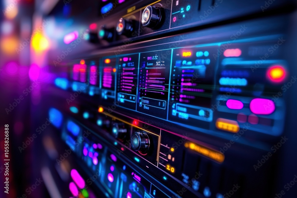 Poster exploring the vibrant interface of modern technology with neon accents and complex controls