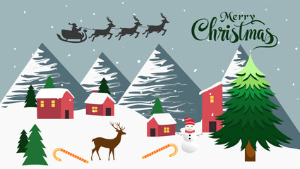 Naklejka premium A snowy landscape with mountains houses a Christmas tree a snowman reindeer Santa's sleigh candy canes snowflakes and the text Merry Christmas