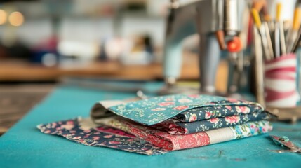 Naklejka premium A low-angle view of a sewing project in progress, showing fabric pieces being assembled. The background is softly blurred with sewing tools.