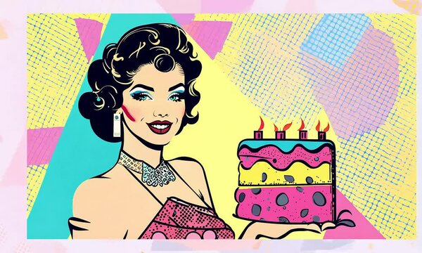 Happy Birthday, Pop Art Style: A glamorous woman in a pink dress with a whimsical smile stands with a birthday cake in a vibrant pop art style illustration. The colors are bold and bright.