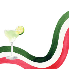 Postcard with mexican flag on ribbon and cocktail margarita. Watercolor illustration on white background. Painting for postcards, design, cards