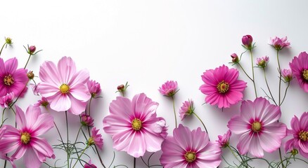 Fototapeta premium Pink Cosmos Flowers Arranged on White Background