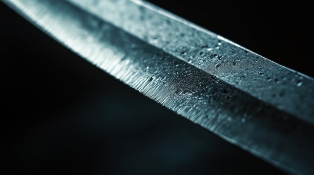 A macro photograph of the knife's blade edge, focusing on the sharpness and slight wear, with the rest of the blade softly blurred.