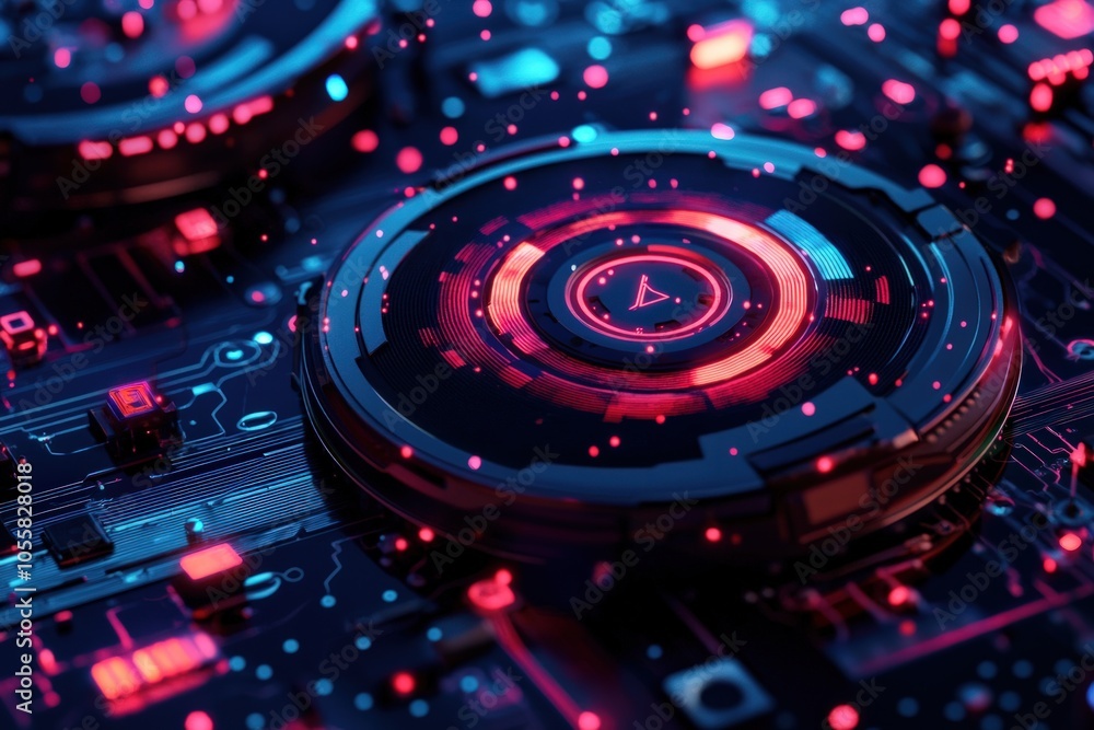 Poster exploring the fusion of technology and art through vibrant digital patterns and designs