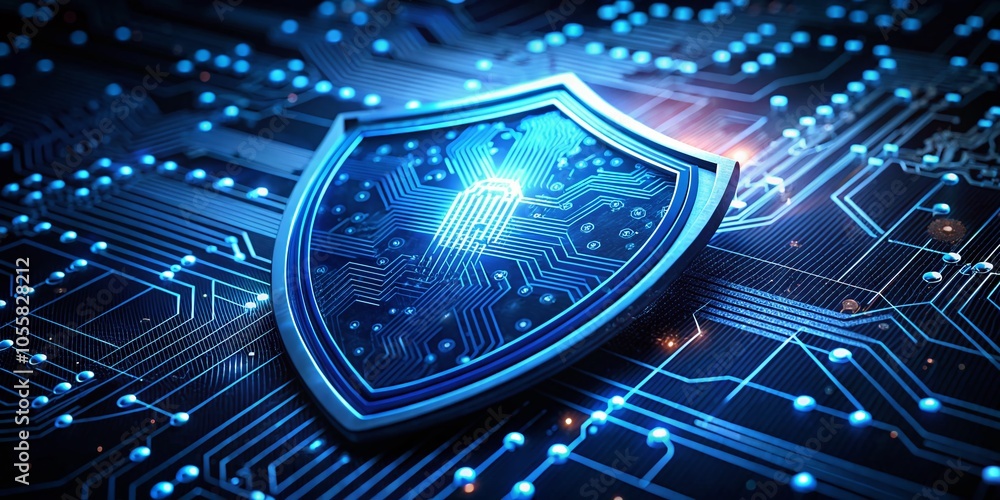 Aufkleber futuristic blue digital shield with circuit patterns for cybersecurity and data protection technolog