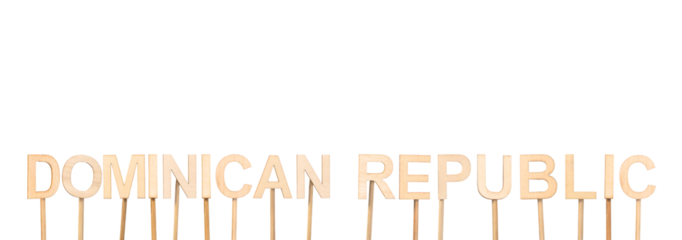 Dominican Republic sign in natural wood letters, held by sticks in a minimalist design. Countries of the world concept