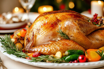 Delicious roasted turkey garnished with herbs and vegetables for a festive holiday dinner setting