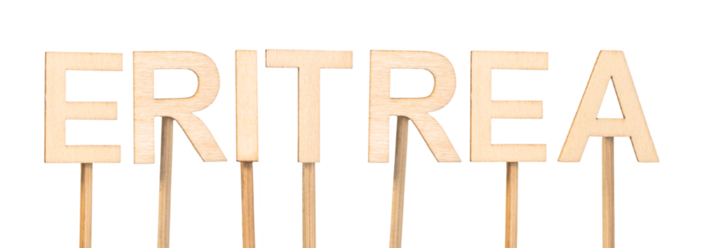 Eritrea in large carved wooden letters, creative option for decoration and crafts. Concept of countries of the world.