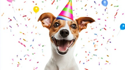 Dog celebrating happy birthday  with party hat