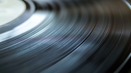Macro shot of a vinyl record's spinning grooves, capturing the texture and the analog beauty of vintage music technology.