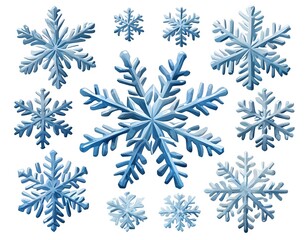 Fototapeta premium Blue snowflakes of different sizes and shapes, watercolor set for creativity and stickers
