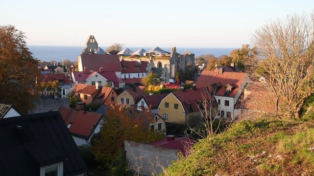 Rooftops and ruins of a medieval church and old houses, Visby, Sweden
