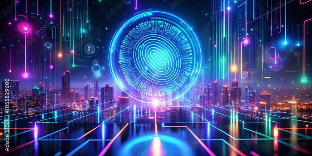 Poster futuristic cybersecurity interface featuring digital fingerprint and neon lights for enhanced securi