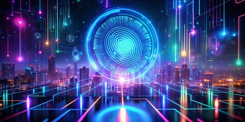 Fototapeta premium Futuristic Cybersecurity Interface Featuring Digital Fingerprint and Neon Lights for Enhanced Security Visualization
