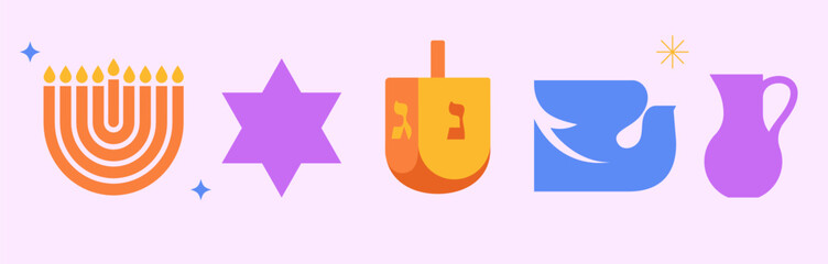 Menorah, dove, candles and dreidel icons set. Happy Hanukkah banner, background, poster. Modern illustrations for traditional holiday