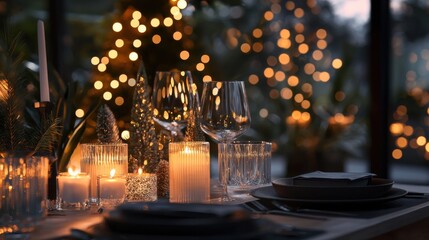 beautifully decorated Christmas table with candles and glasses near the Christmas tree