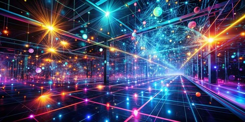 Obraz premium Futuristic Digital Background with Glowing Particles and Neon Lights in Cyber Space Environment
