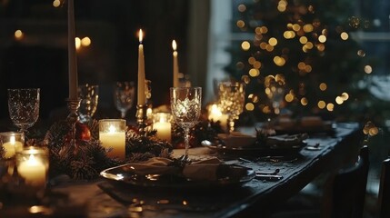 beautifully decorated Christmas table with candles and glasses near the Christmas tree