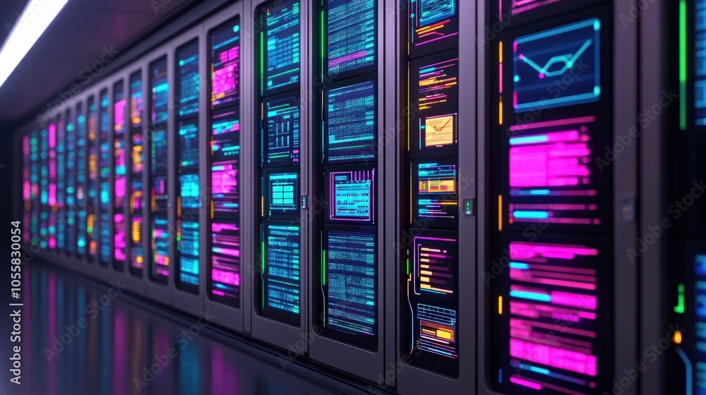Poster vibrant data center the future of technology visualized through colorful server racks
