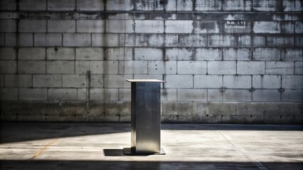 Naklejka premium A solitary metallic pedestal stands against a stark concrete wall, bathed in the warm glow of a single beam of light.