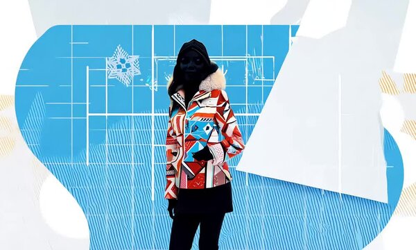 Winter Fashion Statement: A stylish shadow woman models a vibrant, patterned parka against an abstract blue tech backdrop. perfect for showcasing winter outerwear, technology.