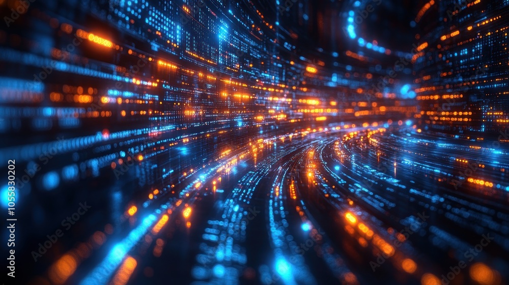 Aufkleber abstract digital data flow with blue and orange light patterns.