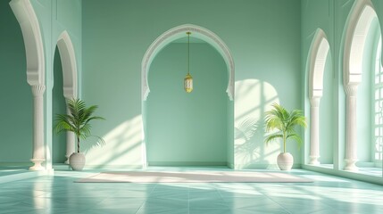 Elegant green pastel Islamic Interior Design with Golden Lanterns and Arches